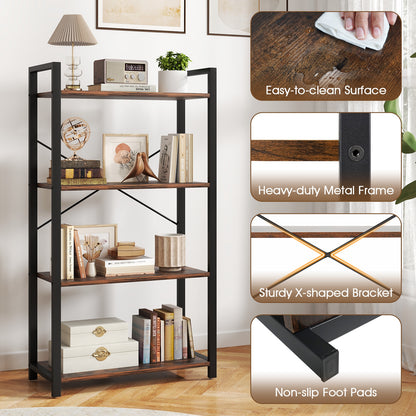 4-Tier Bookshelf with Heavy Duty Metal Frame Industrial Display Shelf-Rustic Brown