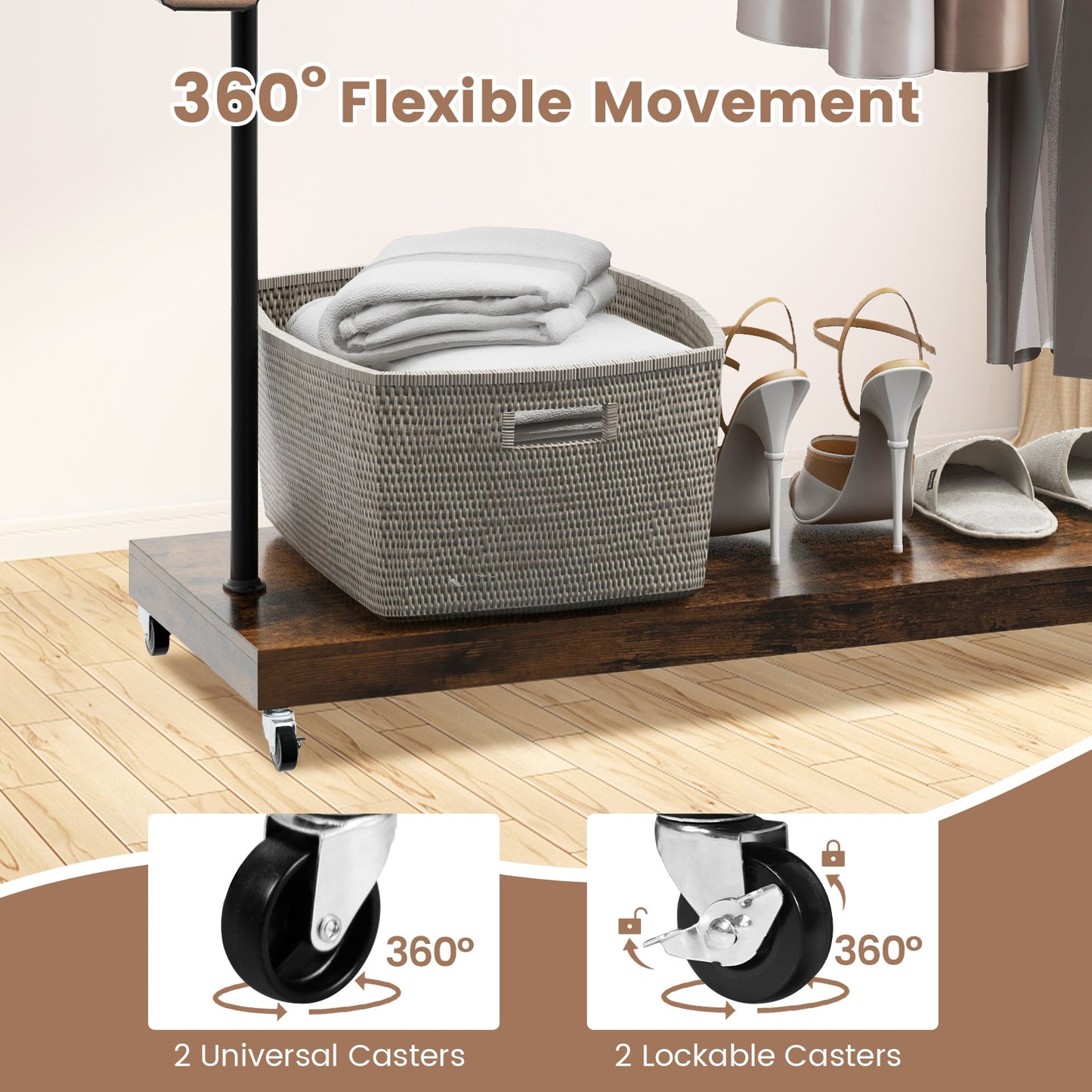 Rolling Garment Rack with Hanging Hooks and Bottom Storage Shelf Kids Crystal