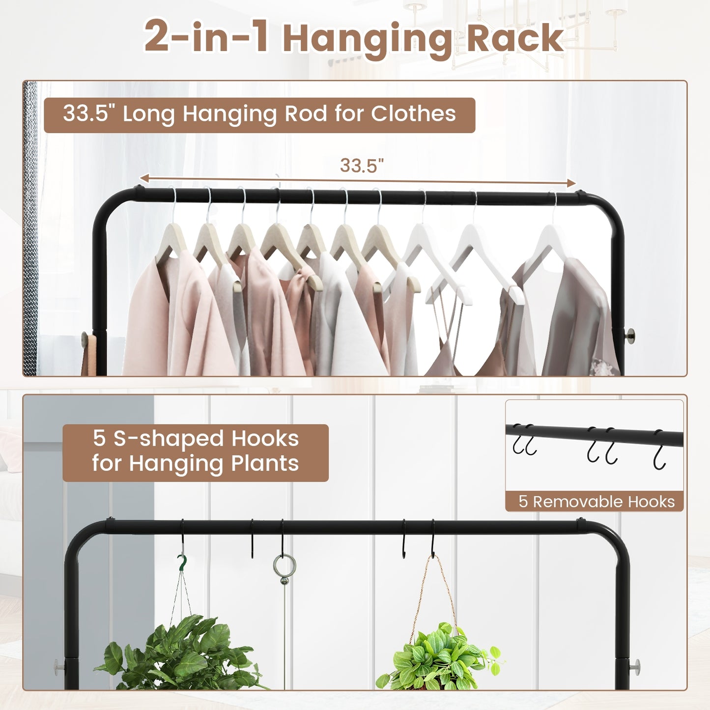 Rolling Garment Rack with Hanging Hooks and Bottom Storage Shelf Kids Crystal