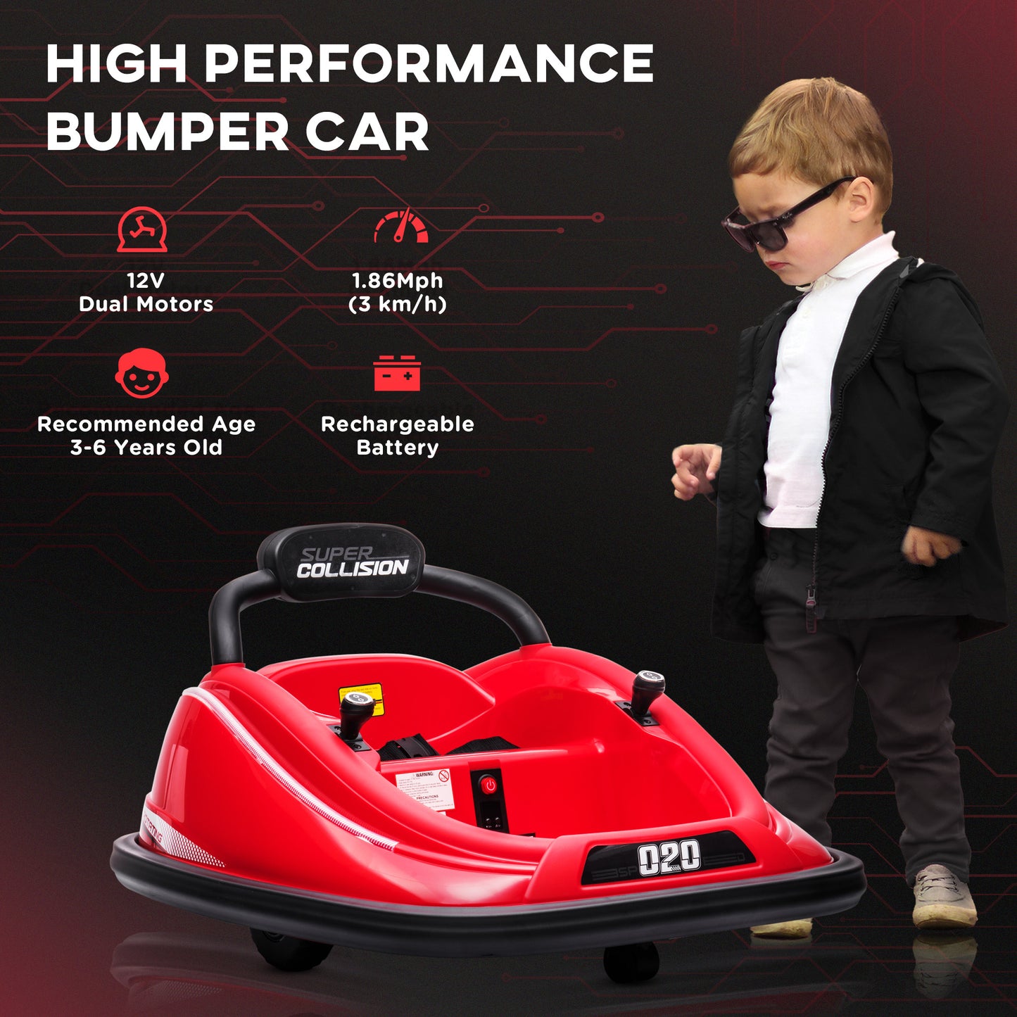 12V Kids Bumper Car: 360° Rotation, Twin Motor, Remote Control, Red Kids Crystal