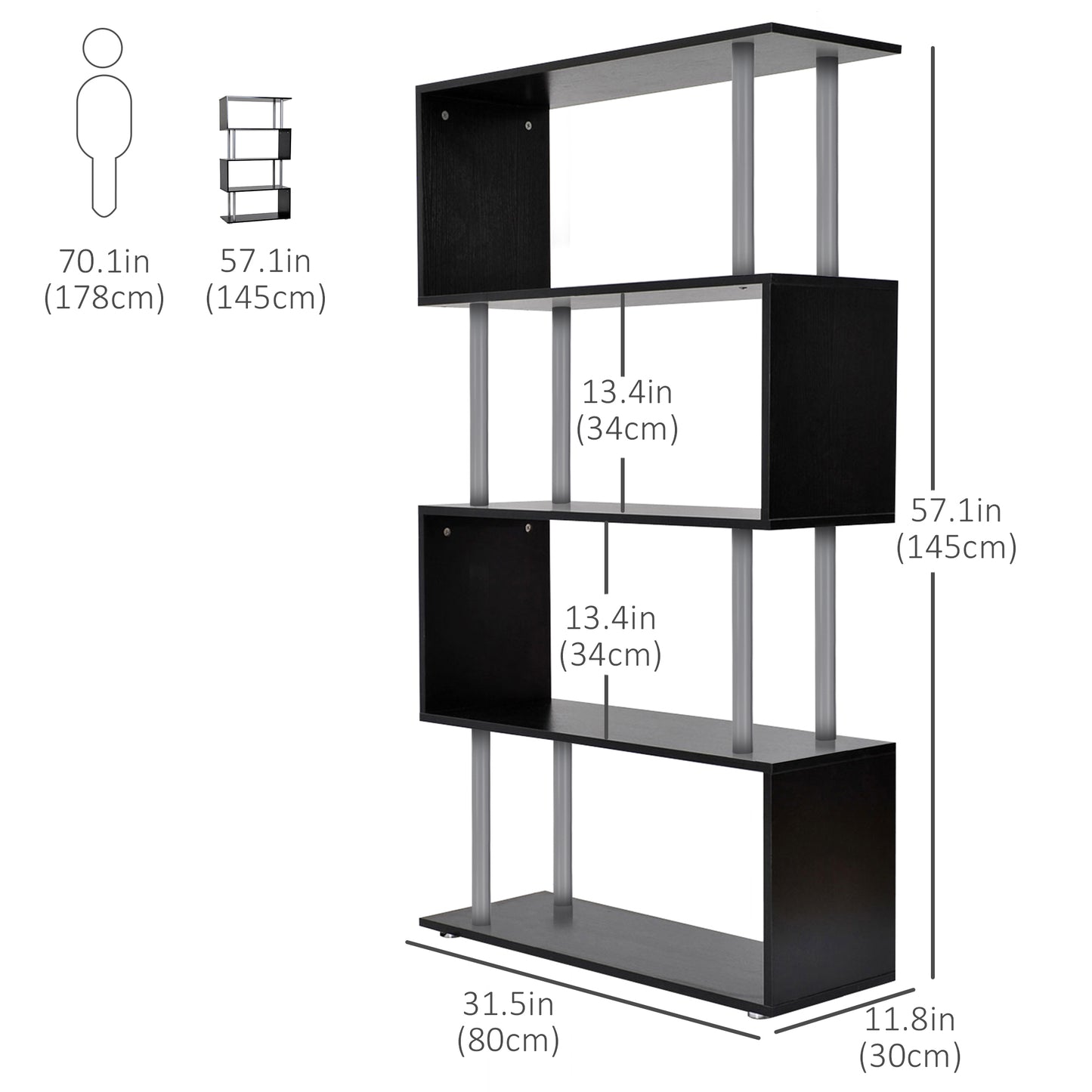 5-Tier Z-Shape Bookcase: Wooden Shelves with Steel Frame for Living Room, Bedroom, Office, Black Kids Crystal