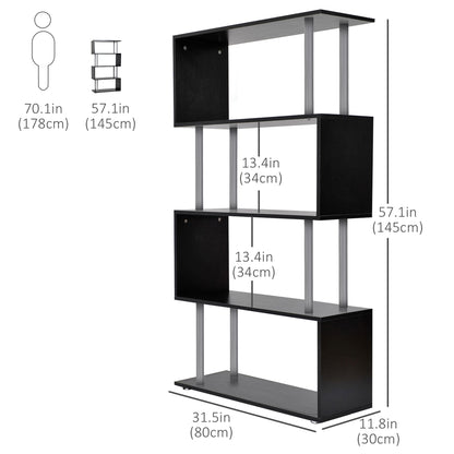 5-Tier Z-Shape Bookcase: Wooden Shelves with Steel Frame for Living Room, Bedroom, Office, Black