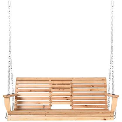 3-Seater Patio Swing Chair with Foldable Table & Cup Holders, Durable Wood Porch Swing, Steel Chains, Natural Finish