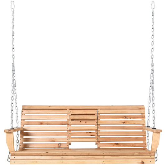 3-Seater Patio Swing Chair with Foldable Table & Cup Holders, Durable Wood Porch Swing, Steel Chains, Natural Finish Kids Crystal
