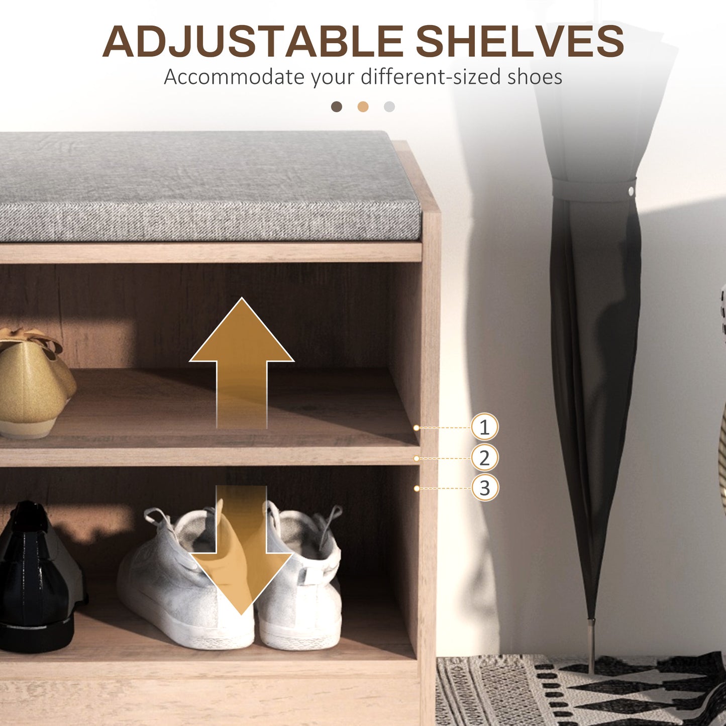 Upholstered Shoe Storage Bench w/ Seat, Entrance Bench w/ Drawer and 6 Open Shelves for Hallway, Grey Kids Crystal