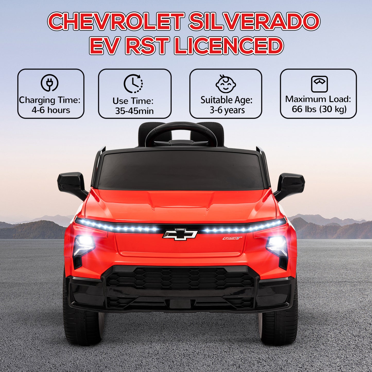 12V CHEVROLET SILVERADO EV RST Licensed Kids Car w/ Remote, Spring Suspension, Soft Start, Training Wheels, Red Kids Crystal