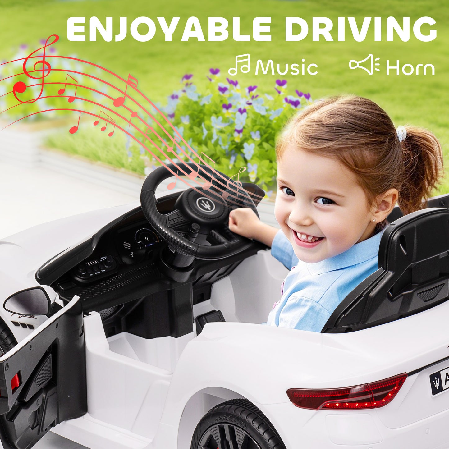 12V Maserati Gran Turismo Licensed Kids Electric Car w/ Remote Control, Soft Start, LED Lights, Music, Horn, MP3, White Kids Crystal