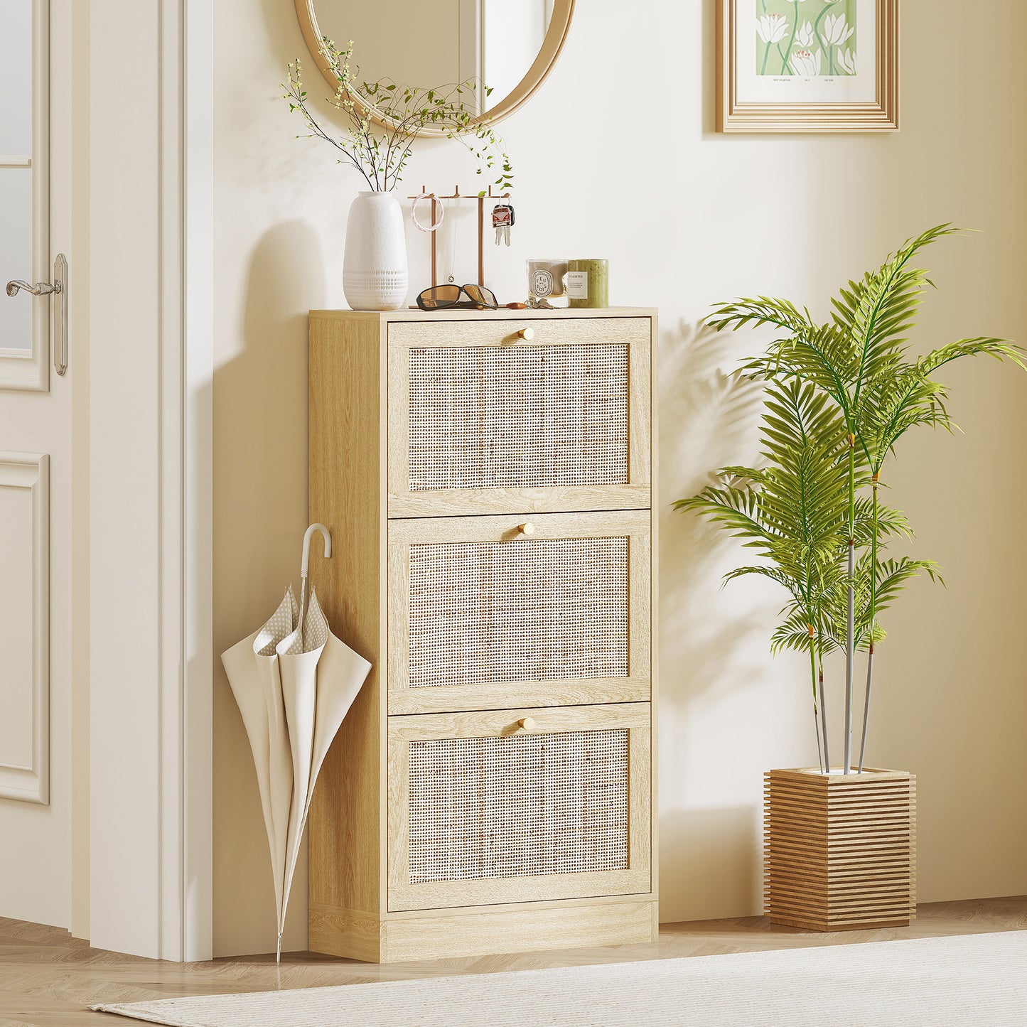 Rattan Shoe Storage Cabinet with 3 Flip Drawers and Adjustable Shelves, Entryway Shoe Cabinet for 18 Pairs, Oak Kids Crystal