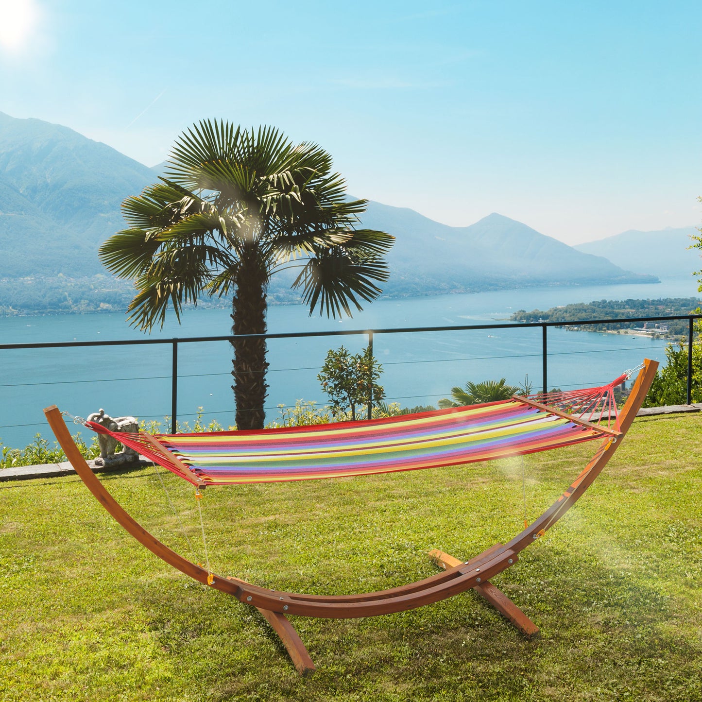 10' Outdoor Swing Hammock, Hammock with Wood Stand Rainbow Bed, Heavy Duty Roman Arc Hammock, Multi Color Kids Crystal