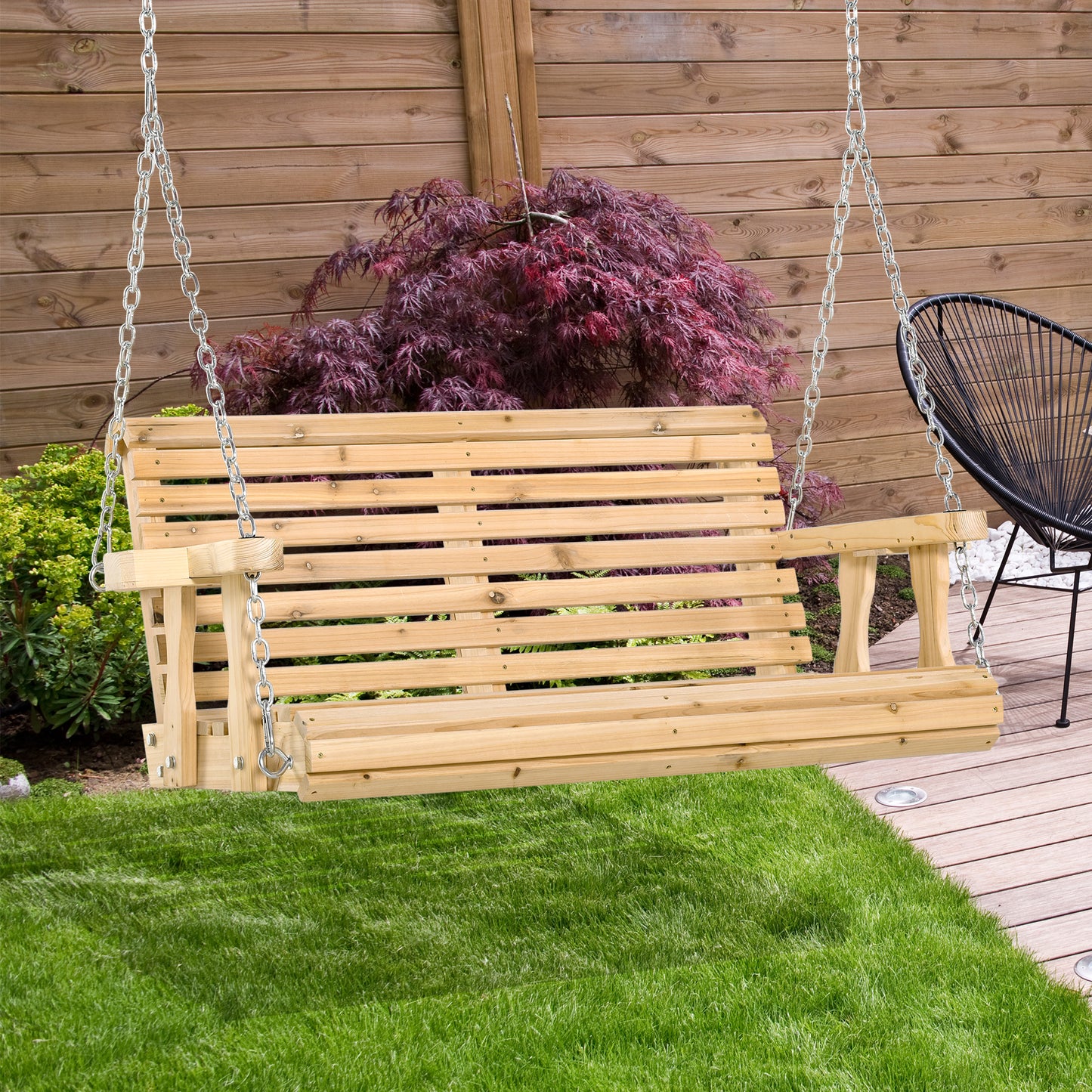2 Seater Wooden Porch Swing Patio Swing Seat with Cup Holder and Chains Outdoor Swing Bench for Garden Yard, Natural Kids Crystal