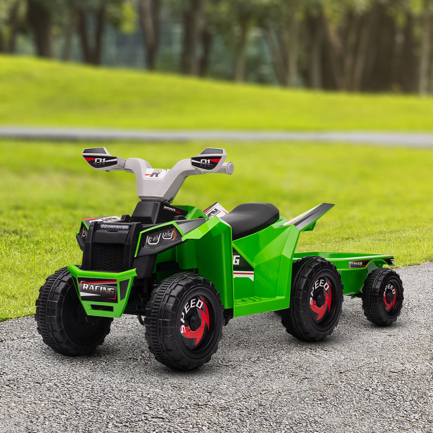 Ride-On Car: 6V, Electric, Trailer, Forward/Reverse, Wear-Resistant Wheels, Toddlers, Green Kids Crystal