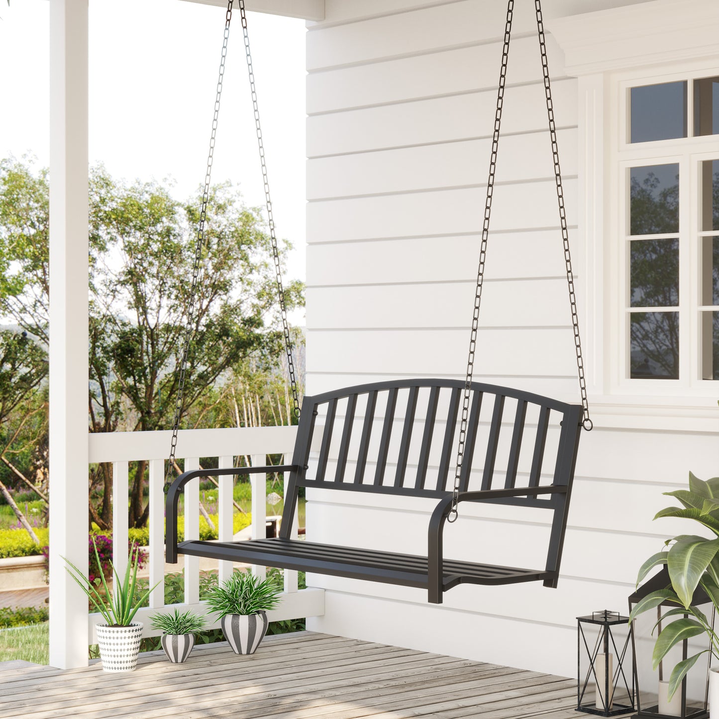 50" Porch Swing Bench Lounger: Outdoor Hanging Glider Chair Steel Frame Black Kids Crystal