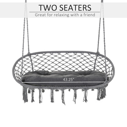 Hanging Chair 2 Seat Metal Swinging Hammock Chair with Cushion & Macrame Net Pattern 396 lbs Capacity Dark Grey