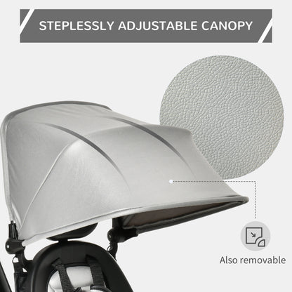 Baby Tricycle 4 In 1 Trike with Reversible Angle Adjustable Seat Removable Handle Canopy Handrail Belt Storage, Grey