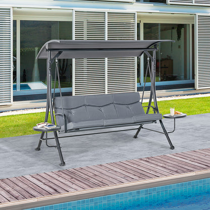 3 Seat Outdoor Swing Chair Steel Swing Bench Porch Swing With Adjustable Canopy & Coffee Tables &amp;amp; Cushion for Patio Garden