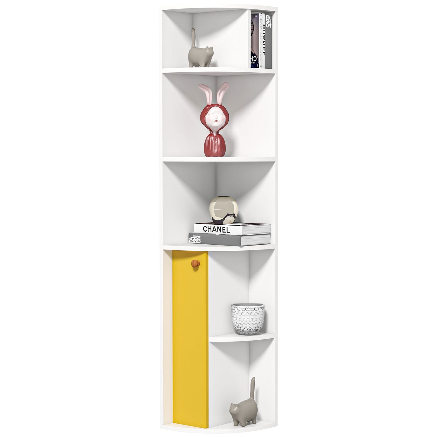 Corner Convenience: 5-Tier Bookshelf with Storage Cupboard Door Organizer for Home Office, White Finish Kids Crystal