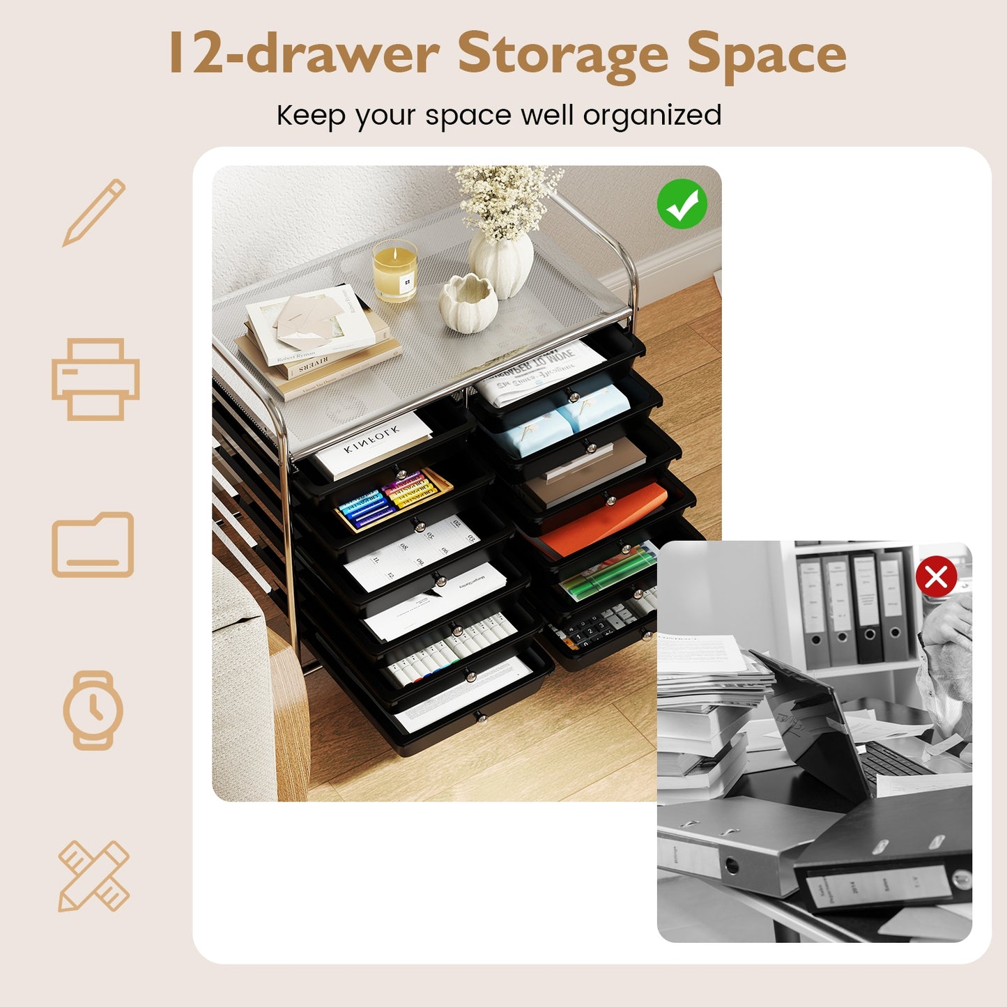 12 Drawers Rolling Storage Cart for Home and Office-Black Kids Crystal