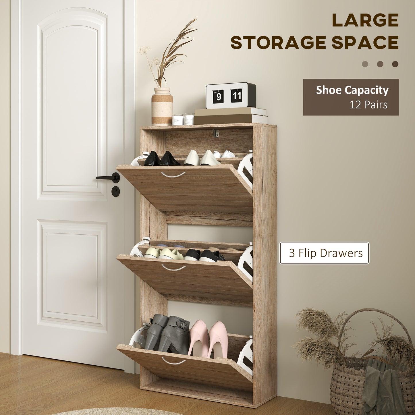 Shoe Storage Cabinet with 3 Flip Drawers, Narrow and Slim, 12 Pair of Shoes Organizer for Hallway, Entryway, Oak Kids Crystal
