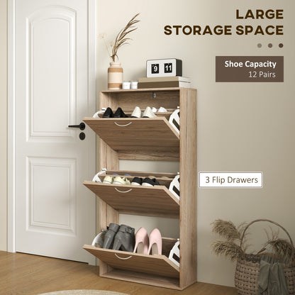 Shoe Storage Cabinet with 3 Flip Drawers, Narrow and Slim, 12 Pair of Shoes Organizer for Hallway, Entryway, Oak