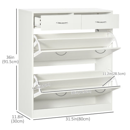Narrow Shoe Storage Cabinet 2 Flip Drawers Adjustable Shelves Organizer for 12 Pairs White