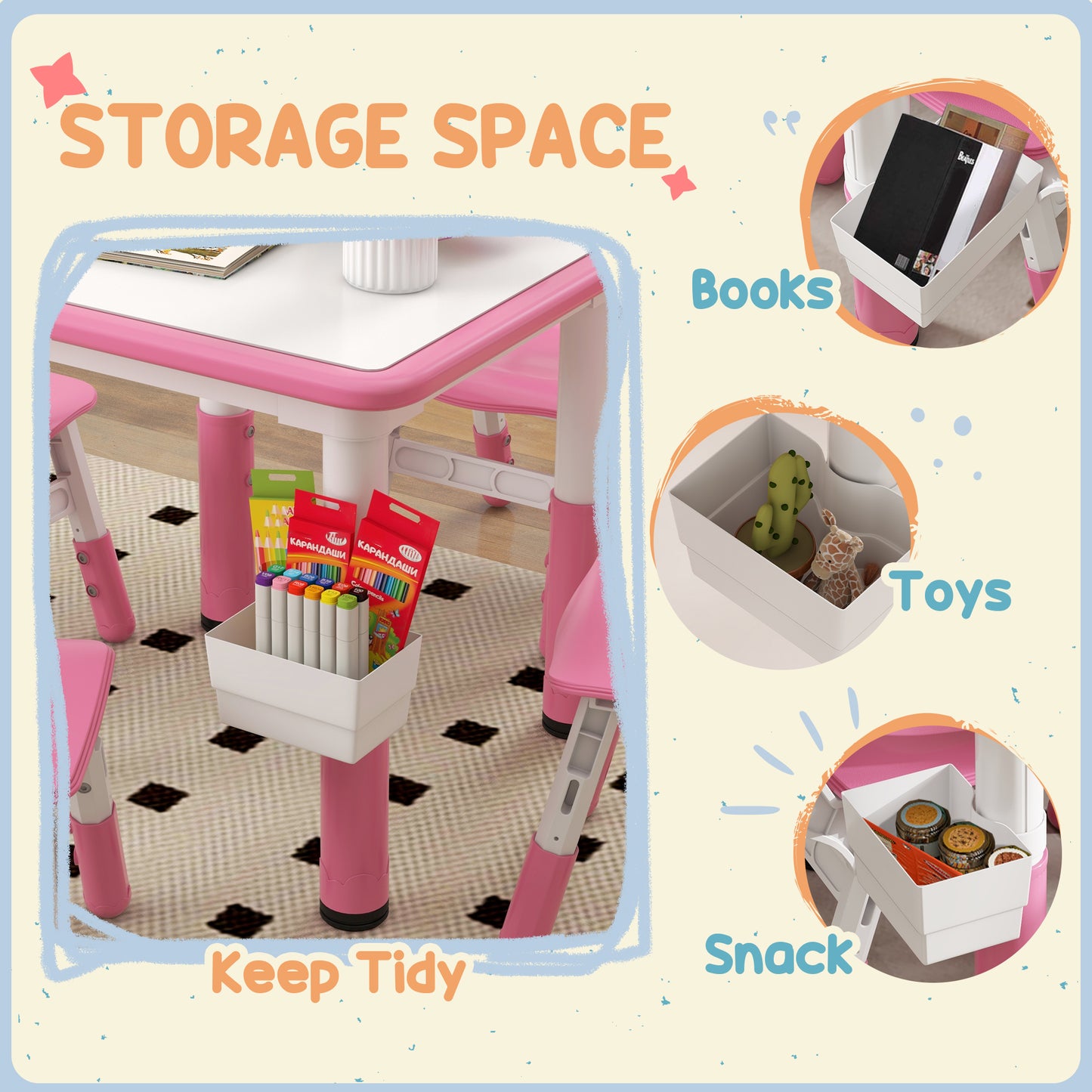 5 Piece Toddler Table Chair Set Height Adjustable Activity Set Nursery Classroom Playroom Furniture Pink