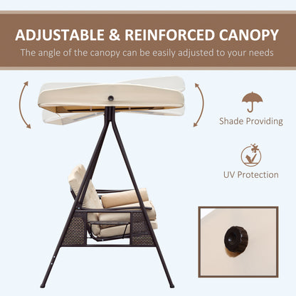 3 Seater Porch Swing Heavy Duty Outdoor Swing Chair Outdoor Lounge Hammock Cushioned Seat with Tilt Canopy, Beige