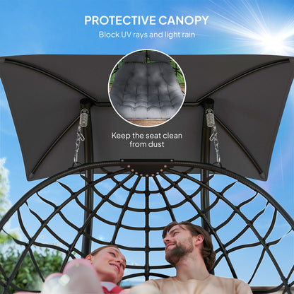 Double Wicker Egg Swing Chair with Canopy, Foldable Hanging Egg Chair with Stand Cushion Headrest, Black