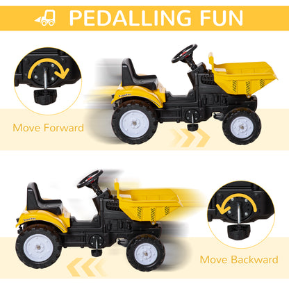 Yellow Pedal Ride On Dump Truck Front Loader Kids Ride-On Construction Tractor with Trailer