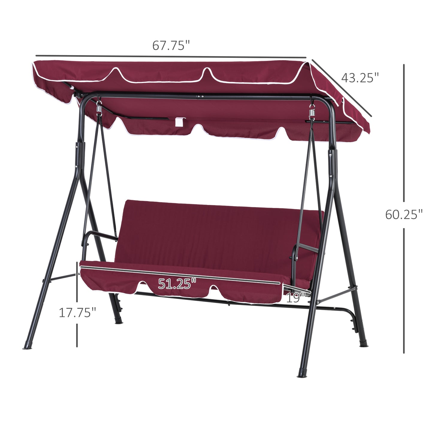 Meatal 3-Seater Outdoor Porch Swing with Stand Cushioned Garden Lounger Patio Hammock with Frame and Canopy, Wine Red Kids Crystal