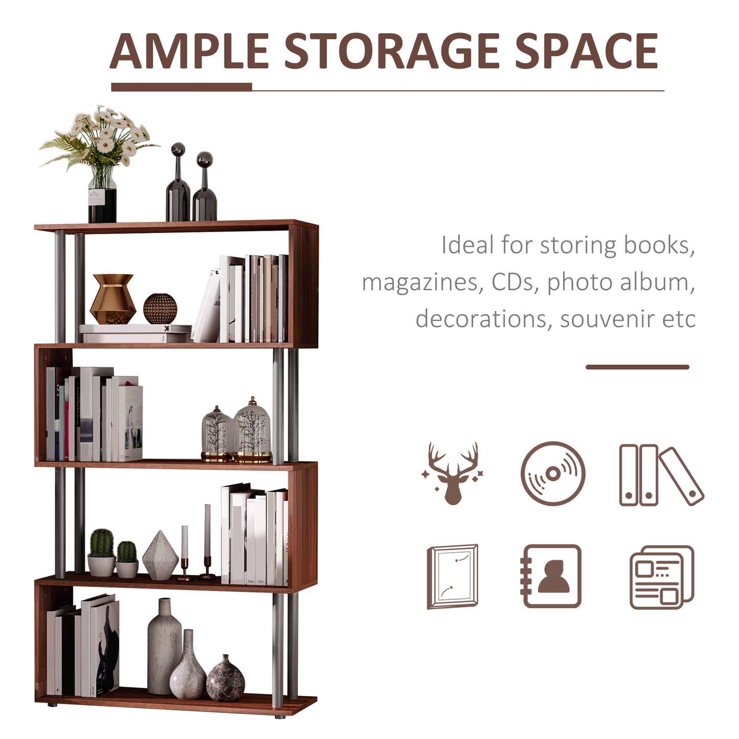 5-Tier Z-Shape Bookcase: Wooden Shelves with Metal Frame for Living Room, Bedroom, Office, Walnut Kids Crystal