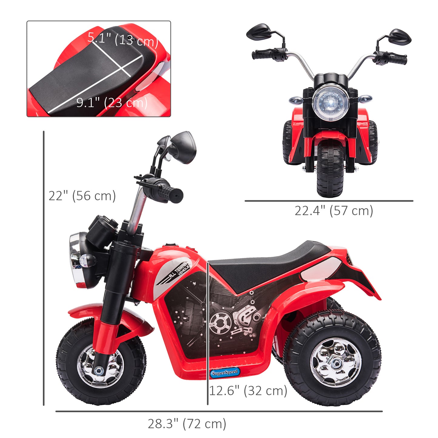 6V Electric Kids Motorcycle Ride-On Dirt Bike 3-Wheels with Horn Headlights Red for Toddlers Kids Crystal