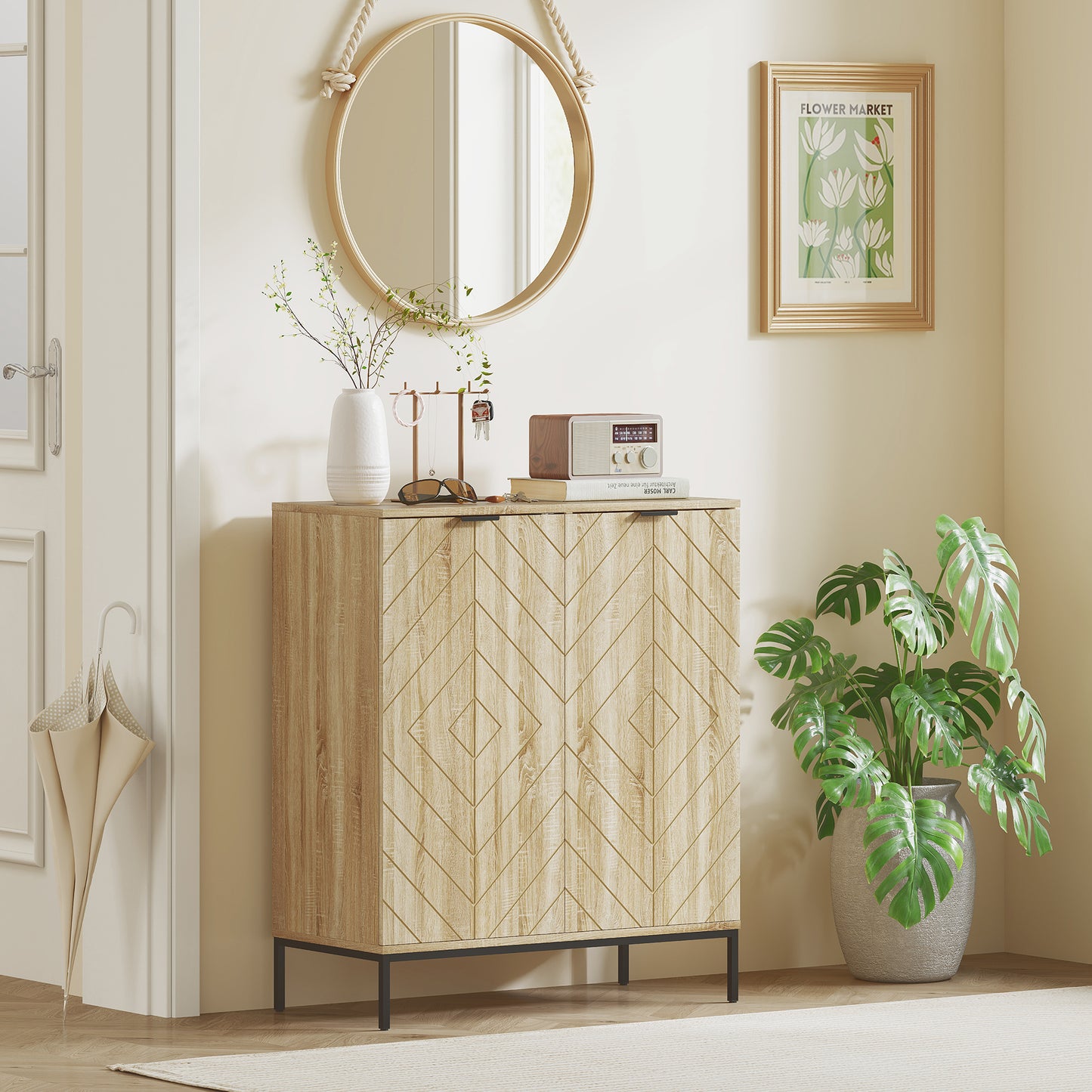 Shoe Storage Cabinet for 15 Pairs, Freestanding Shoe Cabinet with Doors and Adjustable Shelves for Hallway, Oak Kids Crystal