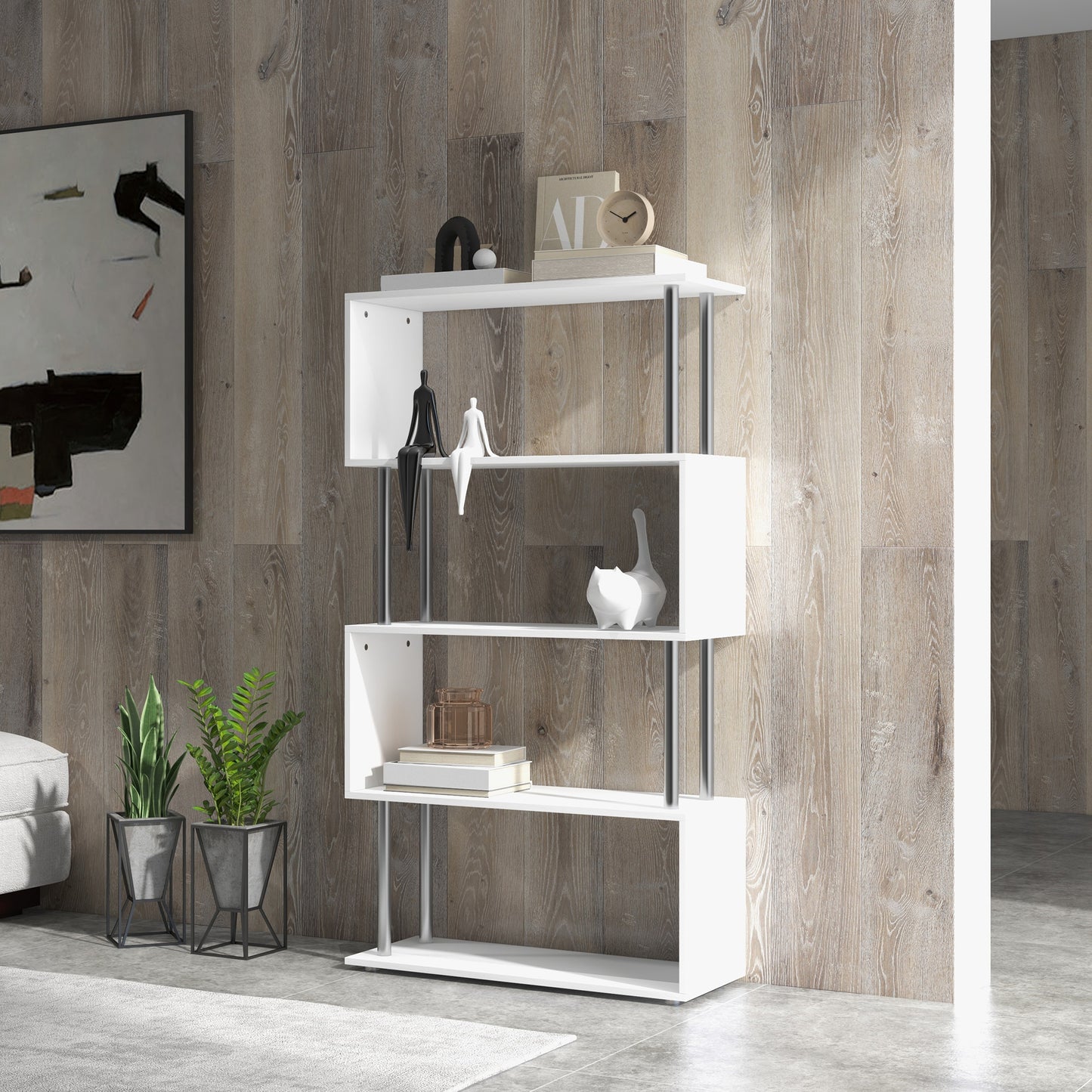 Z-Shape Bookcase Marvel: 5-Tier White Wooden Storage Display Shelf for Living Room, Bedroom, Office with Metal Frame Kids Crystal