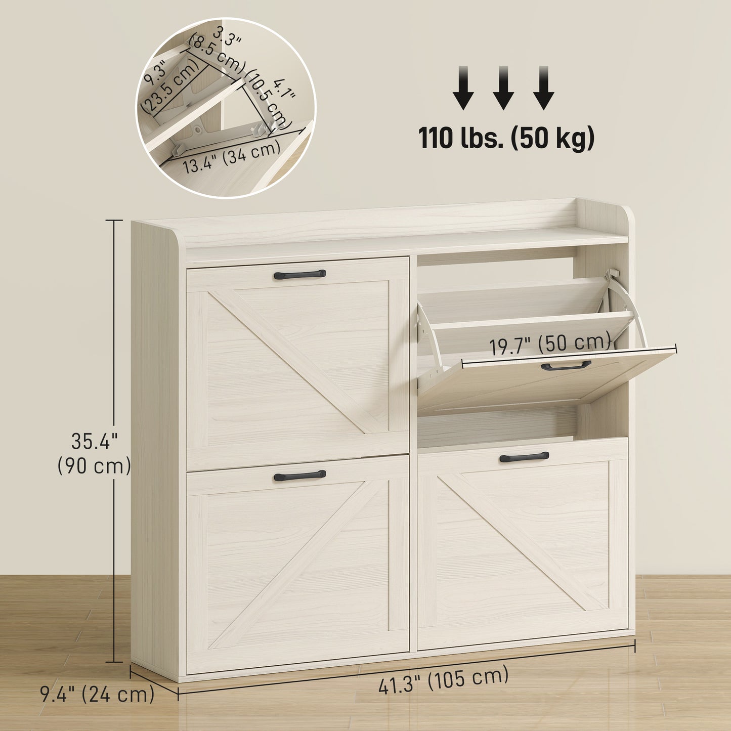 Narrow Shoe Storage Cabinet with 4 Flip Drawers, Adjustable Shelves, 16 Pair Farmhouse Shoe Cabinet, White Oak Kids Crystal