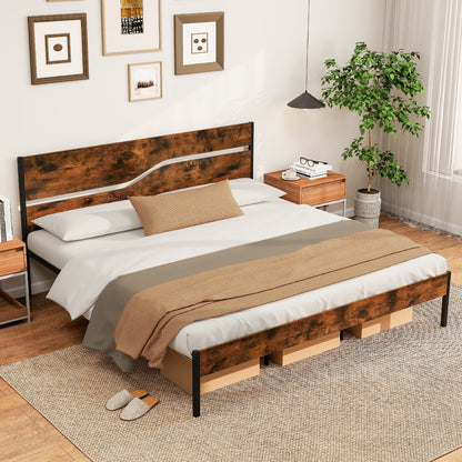 Twin/Full/Queen/King Metal Bed Frame with Wooden Headboard and Footboard-King Size