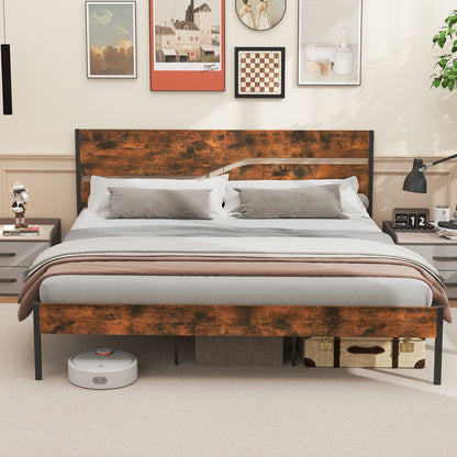 Twin/Full/Queen/King Metal Bed Frame with Wooden Headboard and Footboard-King Size