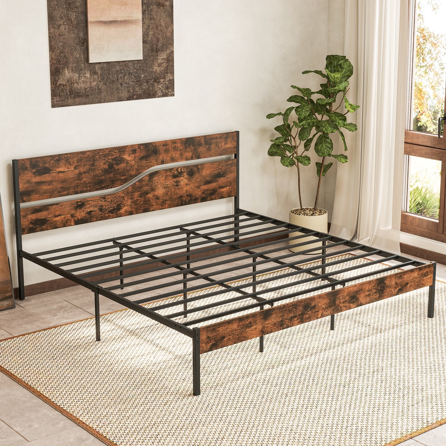 Twin/Full/Queen/King Metal Bed Frame with Wooden Headboard and Footboard-King Size Kids Crystal