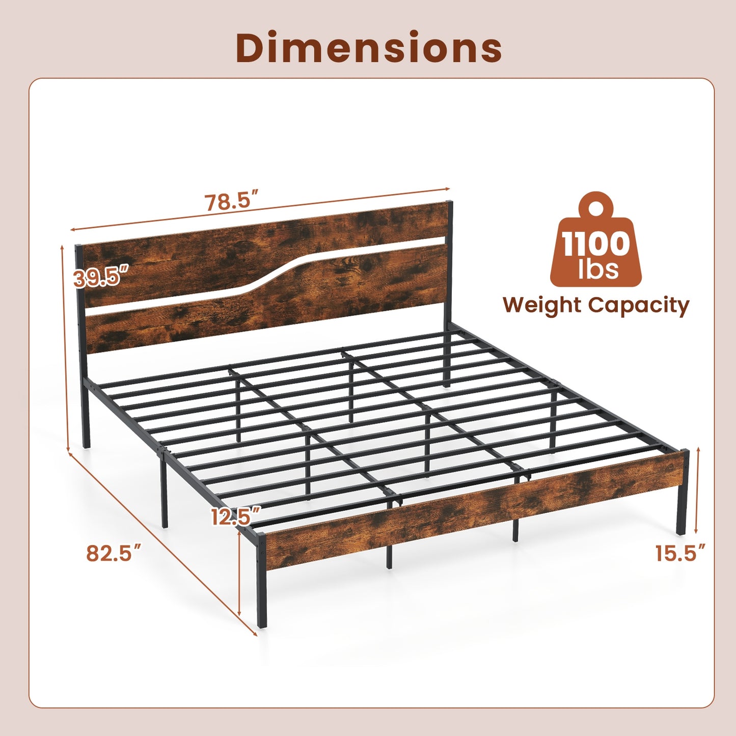 Twin/Full/Queen/King Metal Bed Frame with Wooden Headboard and Footboard-King Size Kids Crystal
