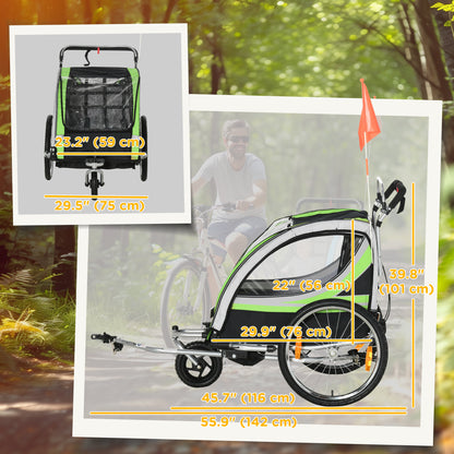 Convertible 2-in-1 Child Bike Trailer & Stroller Safety Features Storage Basket Green Color Outdoor