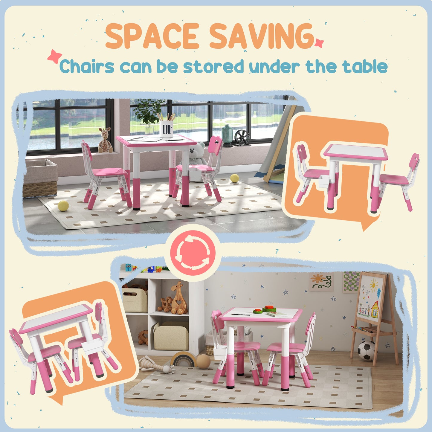 3 Piece Kids Table Chair Set Height Adjustable Storage Playroom Furniture Easy Clean Plastic Sturdy Construction Pink