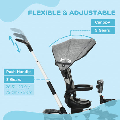 7-in-1 Toddler Tricycle, Kids Trike with Rotatable Seat, Adjustable Push Handle, Safety Harness, Detachable Canopy, Footrest