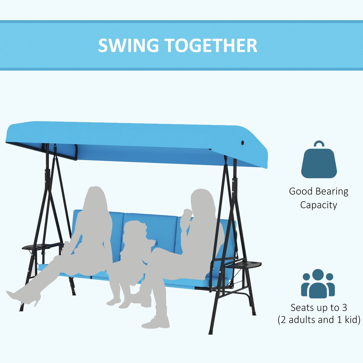 3-Seat Patio Swing with Adjustable Canopy & Side Tray, Outdoor Porch Swing, Removable Blue Cushion for Garden, Poolside Kids Crystal