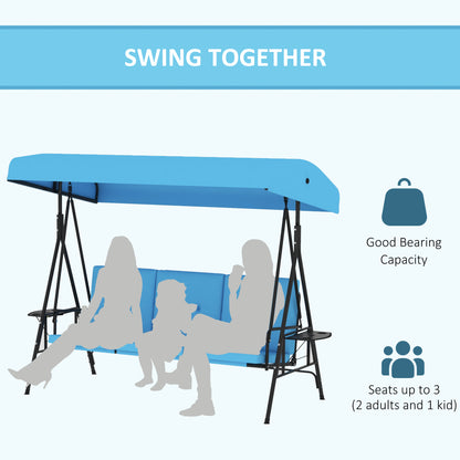 3-Seat Patio Swing with Adjustable Canopy & Side Tray, Outdoor Porch Swing, Removable Blue Cushion for Garden, Poolside
