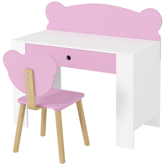 Kids Desk and Chair Set with Drawer for Drawing, Reading, Bear Theme Children Furniture for Bedroom, Daycare, Pink Kids Crystal