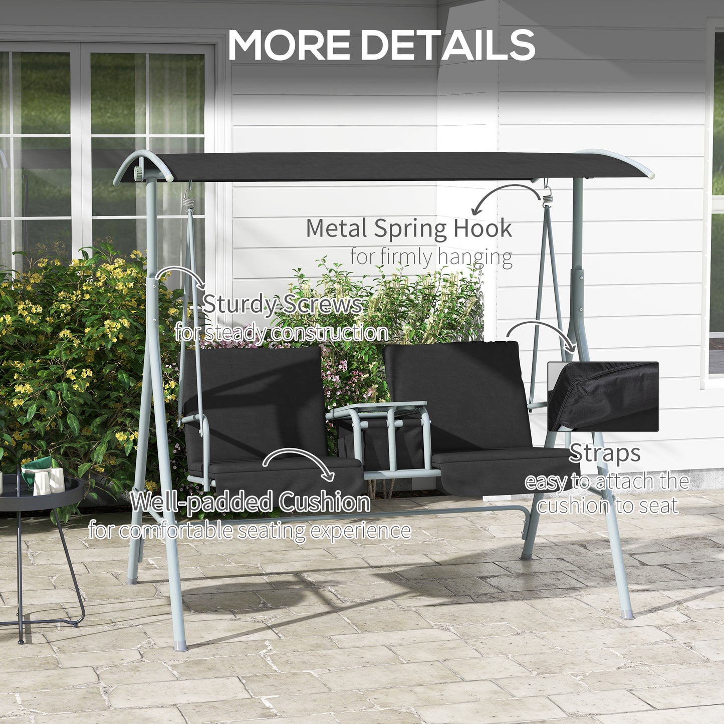2-Seater Outdoor Porch Swing with Adjustable Canopy and Table, Patio Swing Chair for Garden, Poolside, Backyard, Black Kids Crystal