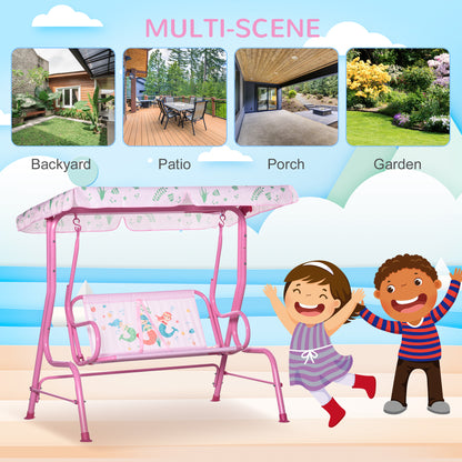 2-Seat Kid Swing with Canopy Mermaid Pattern Pink Outdoor Patio Chair Adjustable Awning