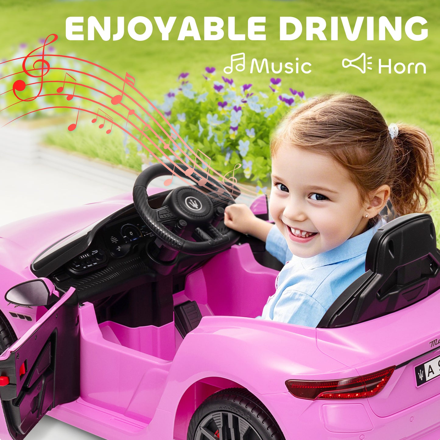 12V Maserati Gran Turismo Licensed Kids Electric Car w/ Remote Control, Soft Start, LED Lights, Music, Horn, MP3, Pink Kids Crystal
