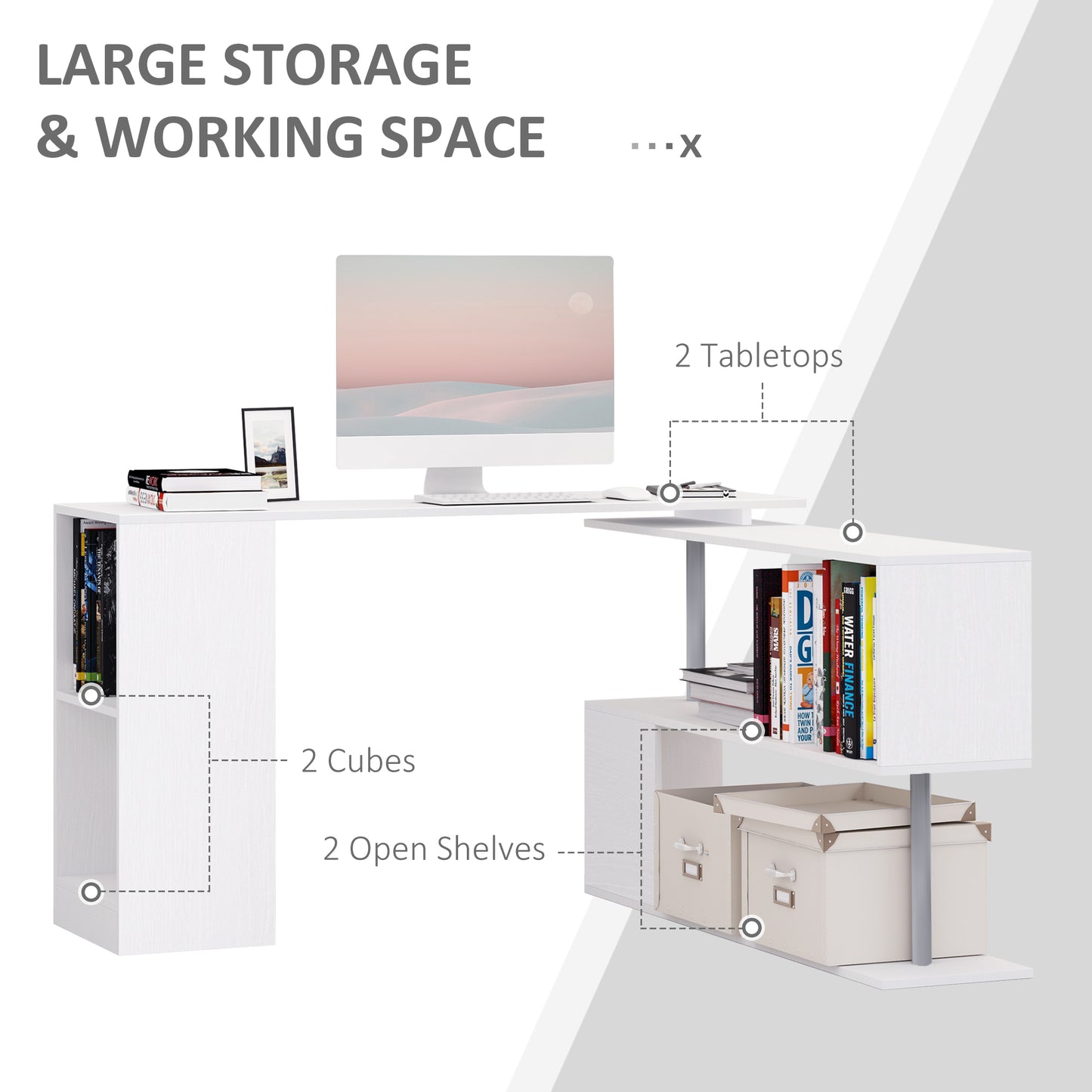 L-Shaped Desk 55", 360° Rotating Corner Workstation, 3-Tier Shelves, Bookshelf, White Kids Crystal