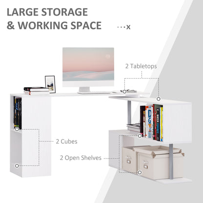 L-Shaped Desk 55", 360° Rotating Corner Workstation, 3-Tier Shelves, Bookshelf, White
