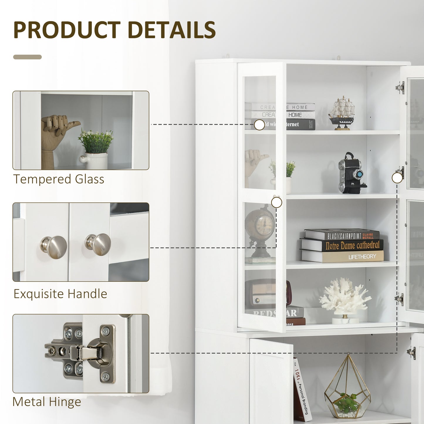 Bookcase Storage Cabinet with Doors, Modern Tall Bookshelf with 2 Adjustable Shelves, Display Unit, White Kids Crystal